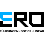 ERO logo mit den 3 Marken Führungen, Botics und Linear in cyan und schwarz