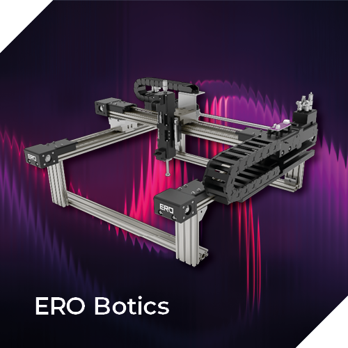 Icon von ERO Botics. Darauf ist ein linearroboter von ERO zu sehen auf einem pink dunklem Hintergrund